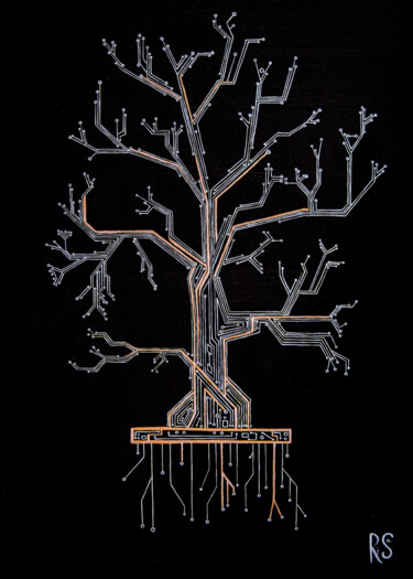 Painting titled "SILVER TREE, concep…" by Rimma Savina, Original Artwork, Acrylic Mounted on Wood Stretcher frame