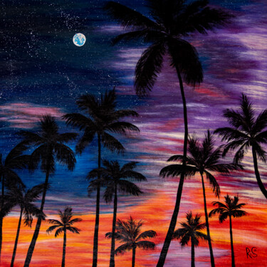 Pintura intitulada "PALM SUNSET, tropic…" por Rimma Savina, Obras de arte originais, Acrílico Montado em Armação em madeira