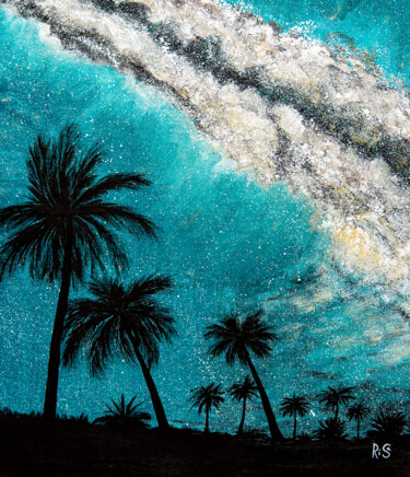 Painting titled "PALM TREES AND STAR…" by Rimma Savina, Original Artwork, Acrylic Mounted on Wood Stretcher frame