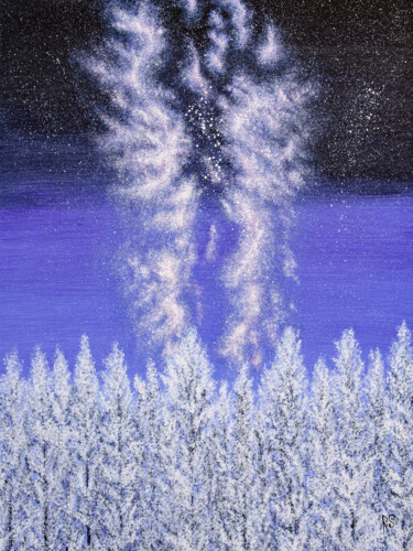 Painting titled "FROSTY NIGHT, winte…" by Rimma Savina, Original Artwork, Acrylic Mounted on Wood Stretcher frame