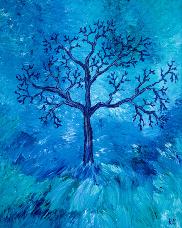 Painting titled "TREE IN CHAOS, teal…" by Rimma Savina, Original Artwork, Acrylic Mounted on Wood Stretcher frame