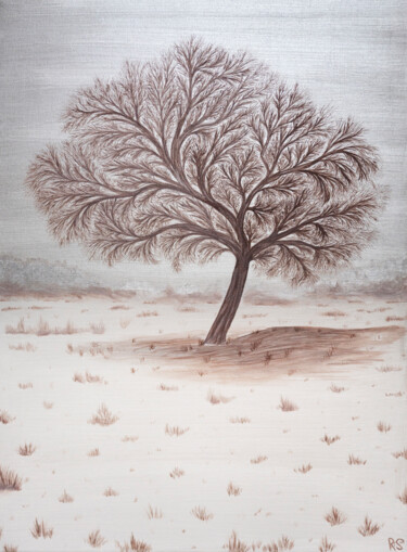 Painting titled "TREE IN THE FIELD,…" by Rimma Savina, Original Artwork, Acrylic Mounted on Wood Stretcher frame
