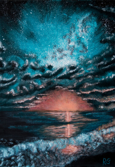 Картина под названием "SUNSET SEA, small s…" - Rimma Savina, Подлинное произведение искусства, Акрил Установлен на Деревянна…