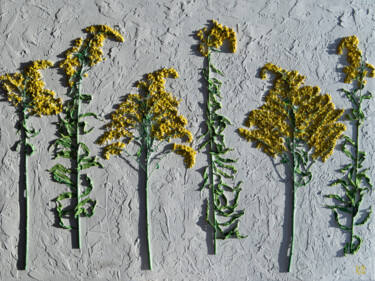 Pittura intitolato "Goldenrod - floweri…" da Rimma Savina, Opera d'arte originale, Collages Montato su Telaio per barella in…