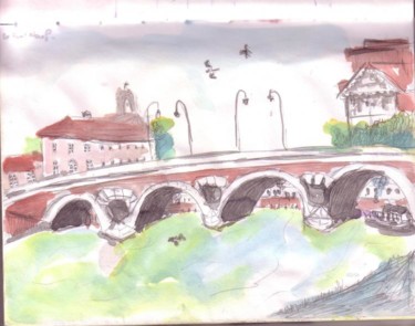 Dessin intitulée "le pont neuf" par Rina Curiel, Œuvre d'art originale