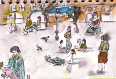 Dessin intitulée "devant Beaubourg" par Rina Curiel, Œuvre d'art originale