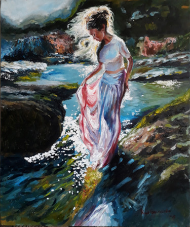 Painting titled "A girl near the bro…" by Rinat Galyautdinov, Original Artwork, Oil