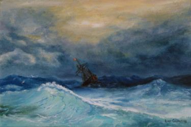 Painting titled "Storm in the sea" by Rinat Galyautdinov, Original Artwork, Oil