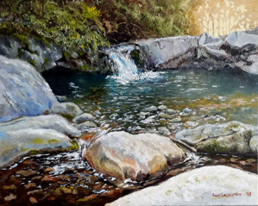 Pintura intitulada "Rocks and Waterfall" por Rinat Galyautdinov, Obras de arte originais, Óleo