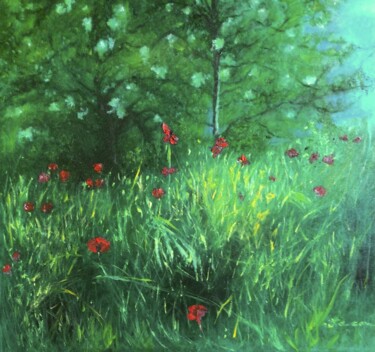 Картина под названием "Acacia et coquelico…" - Rita Cau, Подлинное произведение искусства, Масло Установлен на Деревянная ра…