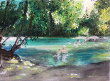 Painting titled "Baignade dans la Cè…" by Rita Cau, Original Artwork, Oil