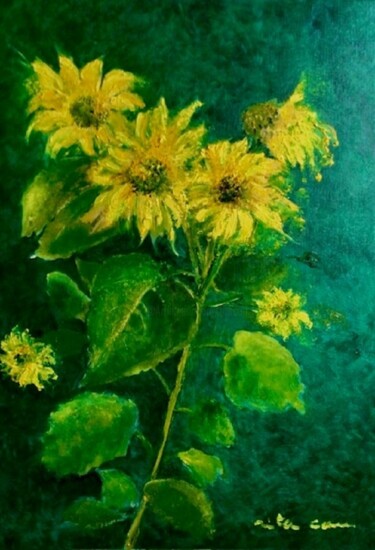Painting titled "Les tournesols" by Rita Cau, Original Artwork, Oil Mounted on Wood Stretcher frame