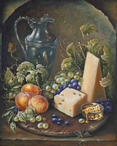 Painting titled "Still life with food" by Rita Cemkalo, Original Artwork, Oil