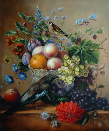 Painting titled "Still life with bir…" by Rita Cemkalo, Original Artwork, Oil