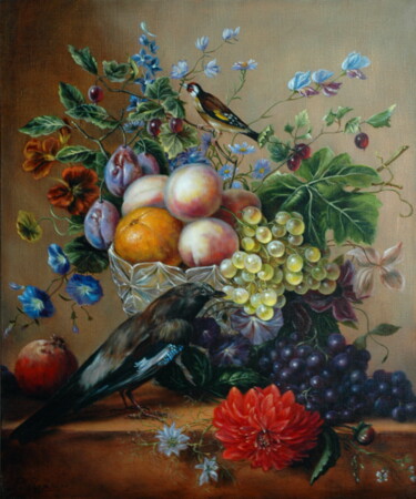 Schilderij getiteld "Still life with bir…" door Rita Cemkalo, Origineel Kunstwerk, Olie