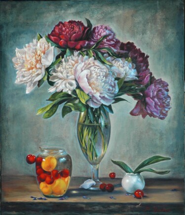 Painting titled "Beautiful flowers w…" by Rita Cemkalo, Original Artwork, Oil