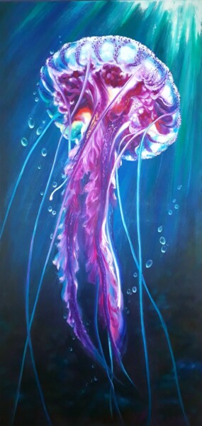 Картина под названием "Seascape with jelly…" - Рита Цемкало, Подлинное произведение искусства, Масло