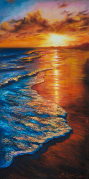 Painting titled "Beautiful sunset on…" by Rita Cemkalo, Original Artwork, Oil