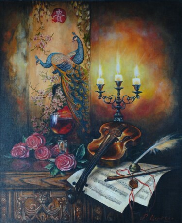 Картина под названием "Still life with vio…" - Рита Цемкало, Подлинное произведение искусства, Масло