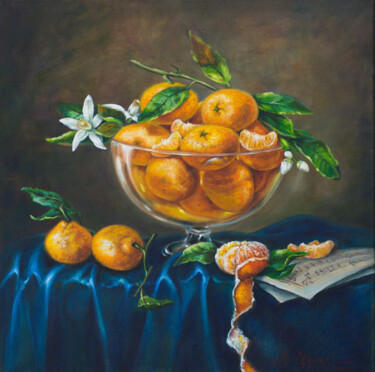 Painting titled "Tangerines in a gla…" by Rita Cemkalo, Original Artwork, Oil