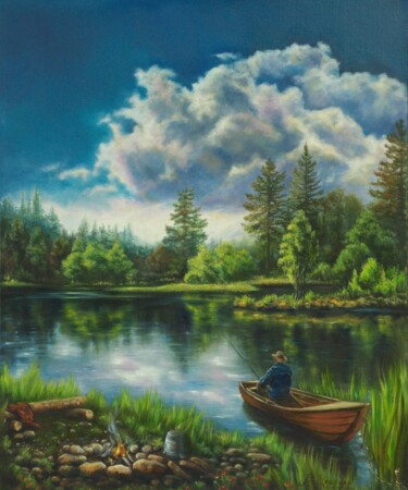 Картина под названием "Landscape with a la…" - Рита Цемкало, Подлинное произведение искусства, Масло