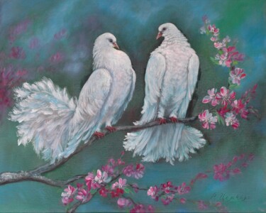 Painting titled "White Doves" by Rita Cemkalo, Original Artwork, Oil
