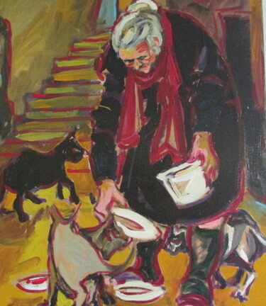 Painting titled "Marì la gattara" by Rita Cerquetti, Original Artwork, Acrylic