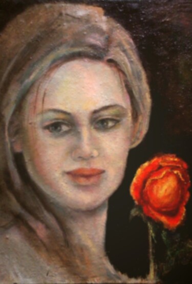 Painting titled "Ritratto con fiore" by Rita Degli Esposti, Original Artwork, Oil