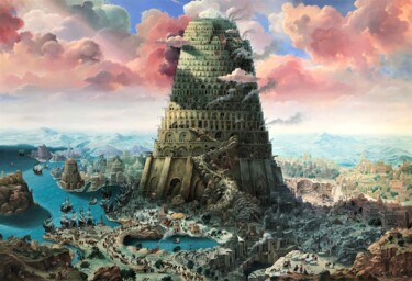 「The tower of Babel…」というタイトルの絵画 Рита Михальчукによって, オリジナルのアートワーク, オイル ウッドストレッチャーフレームにマウント