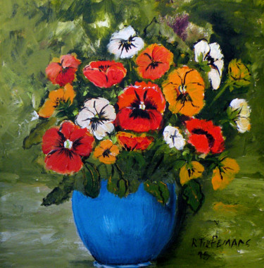 Viooltjes in Blauwe Vaas, acrylverfschilderij. Painting titled "Viooltjes in Blauwe…" by Rita Tielemans, Original Art, Acrylic Mounted on Stretcher frame