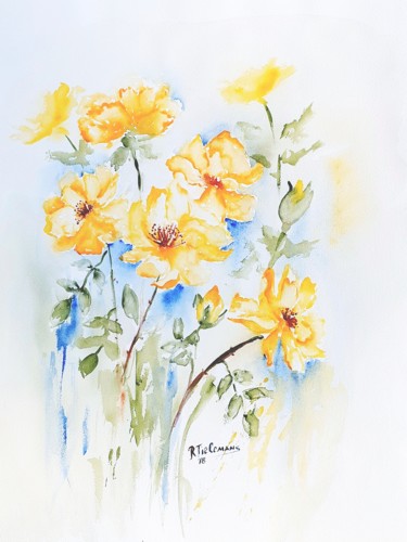 Gele Rozen, aquarel 70x50 cm. Painting titled "Gele Rozen, aquarel…" by Rita Tielemans, Original Art, Watercolor