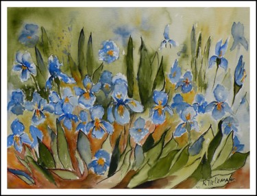 Malarstwo zatytułowany „Blauwe Irissen, aqu…” autorstwa Rita Tielemans, Oryginalna praca, Akwarela