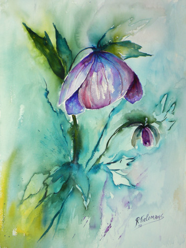 Malerei mit dem Titel "Paarse Helleborus,…" von Rita Tielemans, Original-Kunstwerk, Aquarell