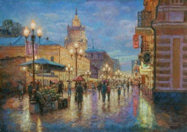 Painting titled "Огни на Старом Арба…" by Igor Razzhivin, Original Artwork, Oil