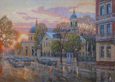 Картина под названием "Оранжевый закат." - Игорь Разживин, Подлинное произведение искусства, Масло