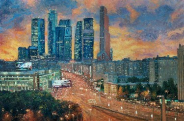 Painting titled "Москва-Сити наступа…" by Igor Razzhivin, Original Artwork, Oil