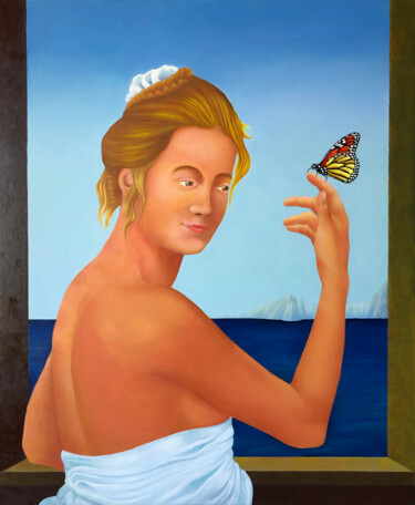 Painting titled "Femme au papillon" by Ruy, Jean Bardot, Original Artwork, Oil