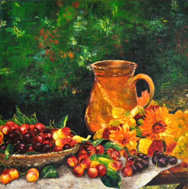 Painting titled "Table aux cerises" by Régine Lamotte Doncieux, Original Artwork, Oil