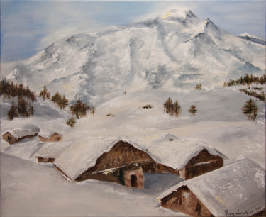 Painting titled "Chalets sous la nei…" by Régine Lamotte Doncieux, Original Artwork, Oil