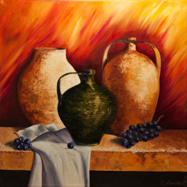 Painting titled "Poteries et raisin…" by Régine Lamotte Doncieux, Original Artwork, Oil