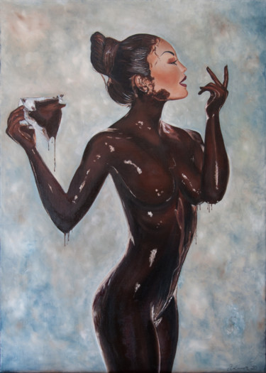 Painting titled "Dame Chocolat table…" by Régine Lamotte Doncieux, Original Artwork, Oil