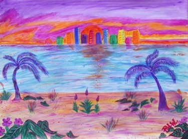 Painting titled "Little Tropical City" by Rlwinkart, Original Artwork, Oil