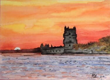 Painting titled "Fim do dia sobre To…" by Rm Studio, Original Artwork, Watercolor