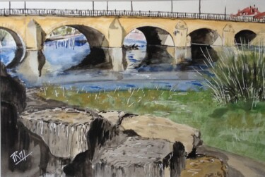 Schilderij getiteld "Le pont de pierre -…" door Rm Studio, Origineel Kunstwerk, Aquarel