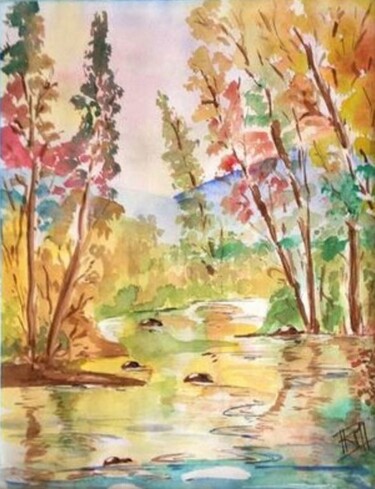 Malerei mit dem Titel "Rivière de montagne" von Rm Studio, Original-Kunstwerk, Aquarell