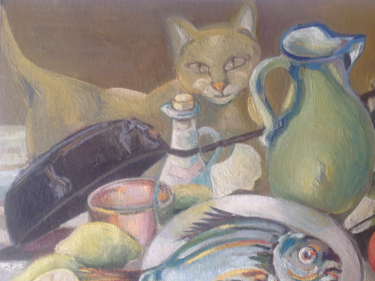 Painting titled "Bodegón-del-gato.jpg" by Martiche, Original Artwork, Oil Mounted on Other rigid panel