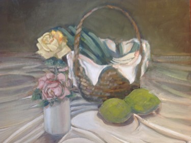 Painting titled "Bodegón_con _rosas.…" by Martiche, Original Artwork, Oil Mounted on Other rigid panel