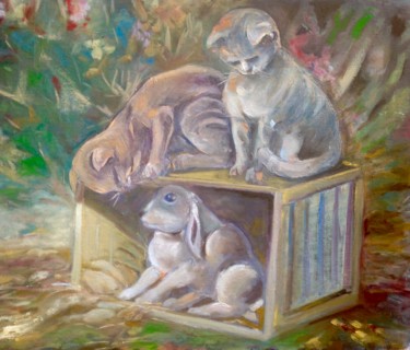 Painting titled "Gatos-y-conejo.jpg" by Martiche, Original Artwork, Oil