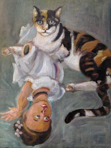 Peinture intitulée "Gato-con-muñeca-rot…" par Martiche, Œuvre d'art originale, Huile