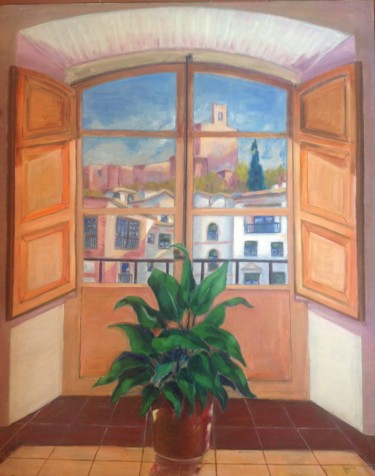 Painting titled "Balcón-con-vista-a-…" by Martiche, Original Artwork, Oil Mounted on Other rigid panel